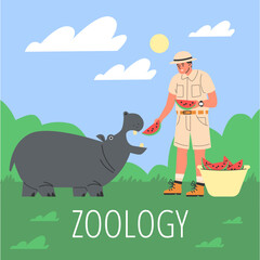 Zookeeper feeding hippo, "ZOOLOGY" vector illustration