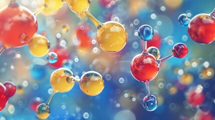 A colorful and detailed illustration of a molecular structure with interconnected spheres in various vibrant colors.