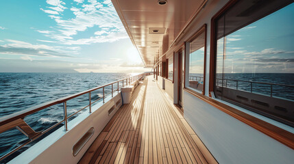 Fototapeta premium View from the deck of a cruise ship at sunset. AI.