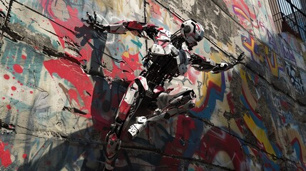 Illustrate a robotic hip-hop dancer in mid-air freeze frame, shot from an unexpected low angle that showcases intricate metallic details and dynamic energy in a digital graffiti-filled setting