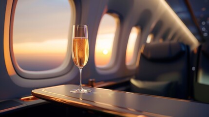 glass of champagne in flute on table in aircraft cabin near airplane window. Luxury travel concept,...