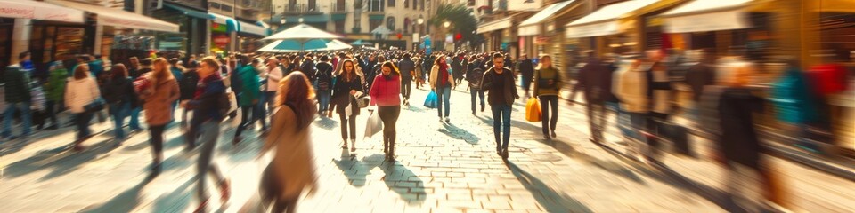 Blurred background of a busy street with a crowd walking fast, with a motion blur effect. Abstract...