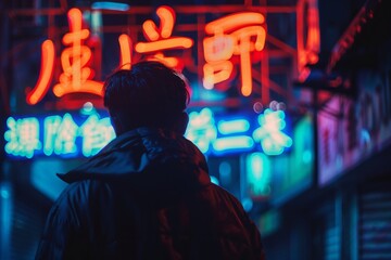Fototapeta premium Moody portrait of a man from behind, walking under the neon lights of an Asian city at night, reflecting the vibrant urban life and culture with colorful signage.
