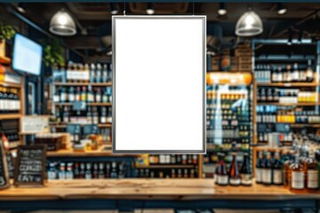Empty advertising board in liquor store showcase 
