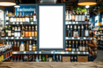 Empty advertising board in liquor store showcase 