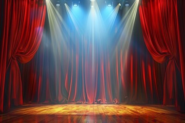 Theater stage with red curtains and spotlights. Theatrical scene in the light of searchlights, the interior of the old theater.