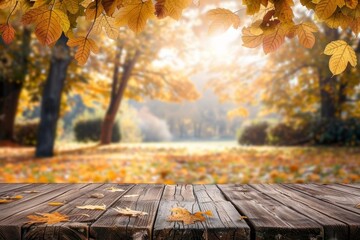 Empty wooden table with autumn for a catering or food background with a country outdoor theme,Template mock up for display of product 