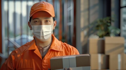 An Asian Delivery Man Wearing A Protective Mask And Orange Uniform Prepares To Send Packages, Background HD For Designer        