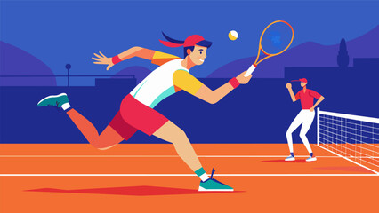 In the midst of a fierce tennis match a player lunges for a breathtaking lastminute shot that flies past his opponent and scores the winning point in. Vector illustration