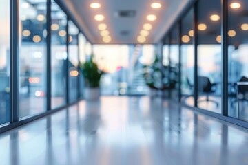 Beautiful blurred background of a light modern office interior with panoramic windows and beautiful