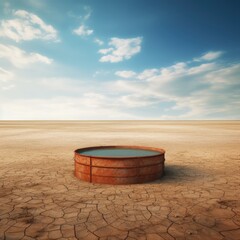 Naklejka premium a large metal container filled with water sitting in the middle of a vast desert.