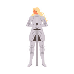 Beautiful blond woman dressed suit of armor, medieval knight, vector cartoon warrior woman with sword ancient knight