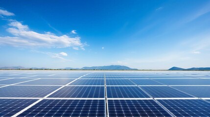 Large solar farm producing clean renewable energy under a blue sky.