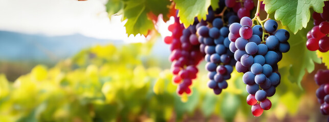 Banner with ripe red grapes in the sunlight at the vineyard plantation with space for text. Harvesting at a winery plantation, farming, grape varieties
