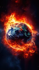 a planet on fire. The planet is surrounded by flames. The image is very realistic and looks like a photograph.