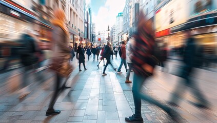 Blurred background of a busy street with a crowd walking fast, with a motion blur effect. Abstract blurred people in a city center during daylight. A concept for business growth