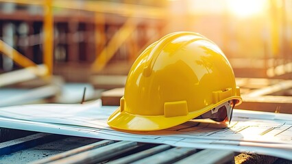 Blueprint of yellow safety helmet at construction site with sunlight background. Concept Construction Safety, Yellow Helmet, Sunlight Background, Blueprint Design
