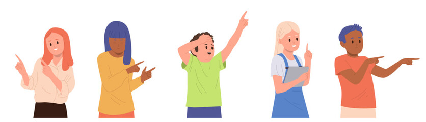 Obraz premium Happy little children cartoon characters pointing with finger hand gesture isolated set on white