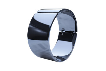 A silver bracelet with a black band, science fiction, isolate on white background.