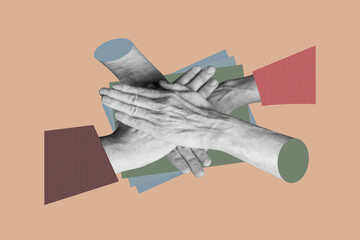 Composite photo collage of hands hold together high five support unity cooperation colleagues...