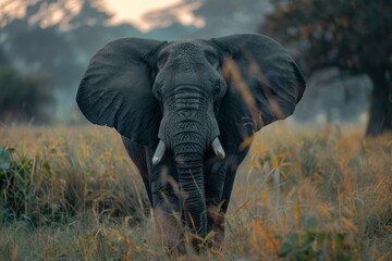 A majestic African elephant stands prominently in a grassy savanna at dusk, with large ears flared...