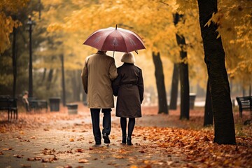 A couple is walking in the park on a rainy day. They are both wearing coats and holding an umbrella. The leaves on the trees are turning brown and orange.