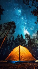 A glowing tent under a starry sky