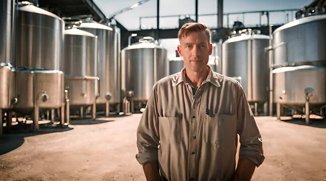 Brauer vor G&auml;r - oder Lagertanks uns schaut freundlich in die Kamera