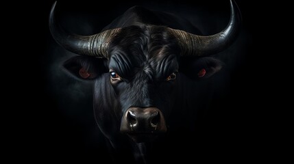 A powerful black bull with glowing red eyes stares at you from the darkness.