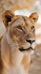 Fototapeta premium A close view of a lion making eye contact with something off-camera
