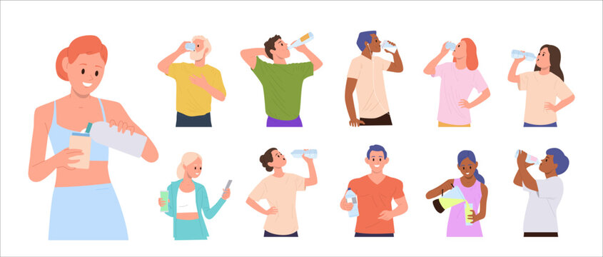 Different people cartoon characters drinking various beverage set isolated on white background