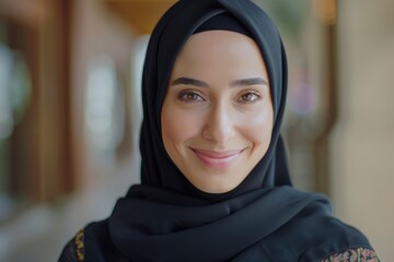 Muslim woman in hijab smiling in traditional attire.