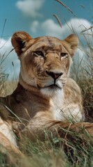 Obraz premium A lion laying on the grass with a sky background