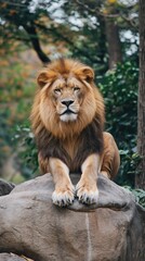 A lion sitting majestically on a massive rock in the zoo