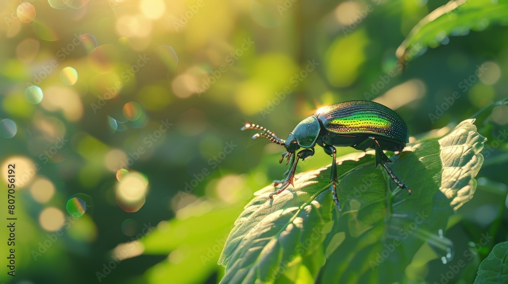 Poster A beetle perched on the edge of a leaf, its iridescent shell shimmering in the sunlight against the backdrop of verdant greenery.