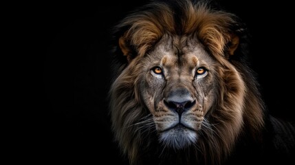 A close-up view of a lions face against a black backdrop