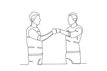 Single continuous line drawing of young two friends shaking hands. Business agreement celebration concept continuous line graphic draw design vector illustration
