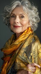Fototapeta premium Elegant elderly woman with flowing scarf on gray background