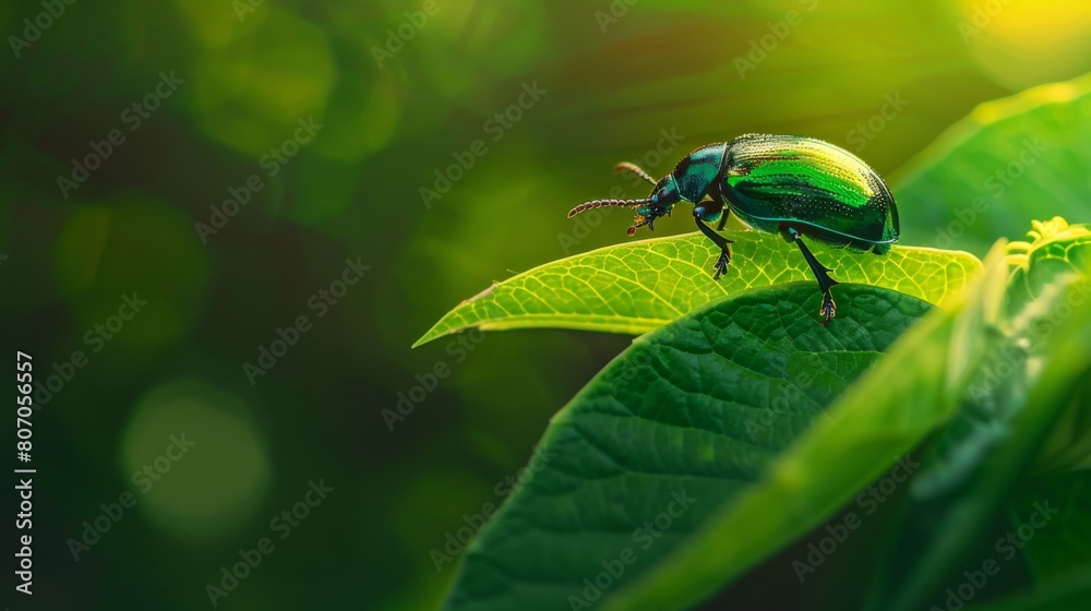 Poster A beetle perched on the edge of a leaf, its iridescent shell shimmering in the sunlight against the backdrop of verdant greenery.