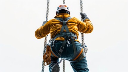 A man in a yellow jacket is climbing a rope