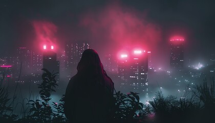 Capture a haunting dystopian cityscape from behind, where neon lights flicker in the dark Incorporate night photography techniques to enhance the mysterious, eerie atmosphere Experiment with unexpecte
