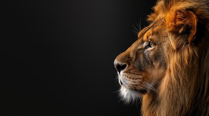 Fototapeta premium Detailed view of a lion, set against a dark backdrop