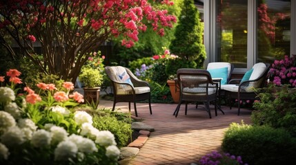 spring backyard filled with blooming flowers, 