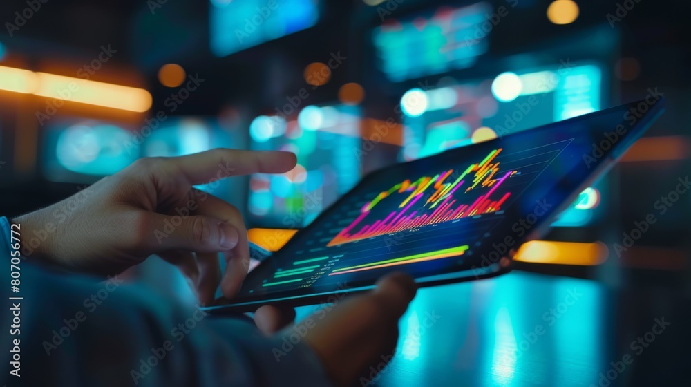 Aufkleber a businessman analyzing a colorful line graph on a digital tablet in a modern office setting, symbol
