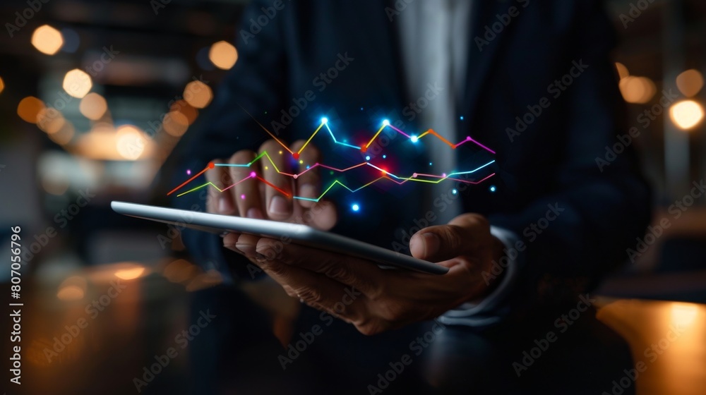 Aufkleber a businessman analyzing a colorful line graph on a digital tablet in a modern office setting, symbol
