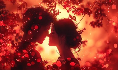 True love, silhouette of a couple among petals, magic lights and hearts, the concept of true love
