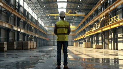 An Industrial Manager, Clad In A Yellow Vest And Holding A Hard Hat, Stands In A Vast Workspace, Background HD For Designer        
