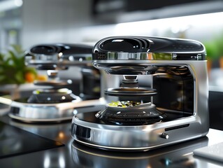 Capture a mesmerizing close-up of futuristic kitchen gadgets blending technology and culinary finesse Show sleek, metallic textures and vibrant food colors in hyper-realistic CG 3D Embrace unusual bir