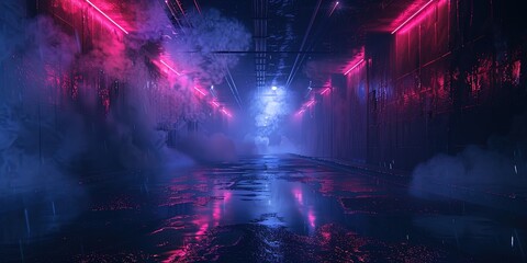 an empty dark stage with neon spotlights, a studio room with smoke