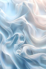Soft transparent cloth waves. Pink fabric with soft waves. Abstract pale pink fabric wavy folds. Modern luxury silk wave drapes background with blue gradient. 